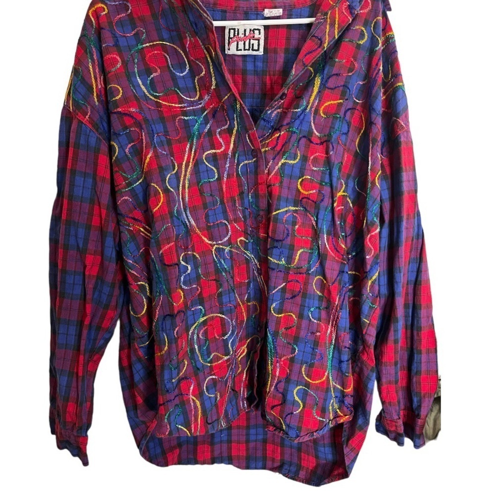 Vintage plaid multicolor yarn embroidered long sleeve button up shirt 24